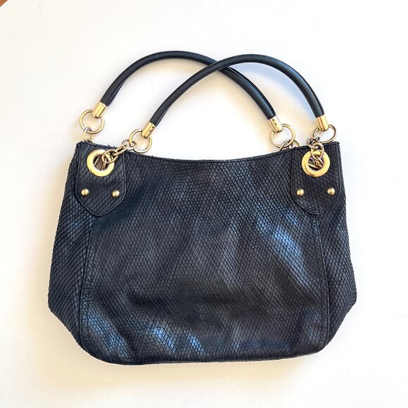 Cynthia Rowley Black Snake Reptile Textured Leather Chain Link Hobo Shoulder Bag - Picture 2 of 9